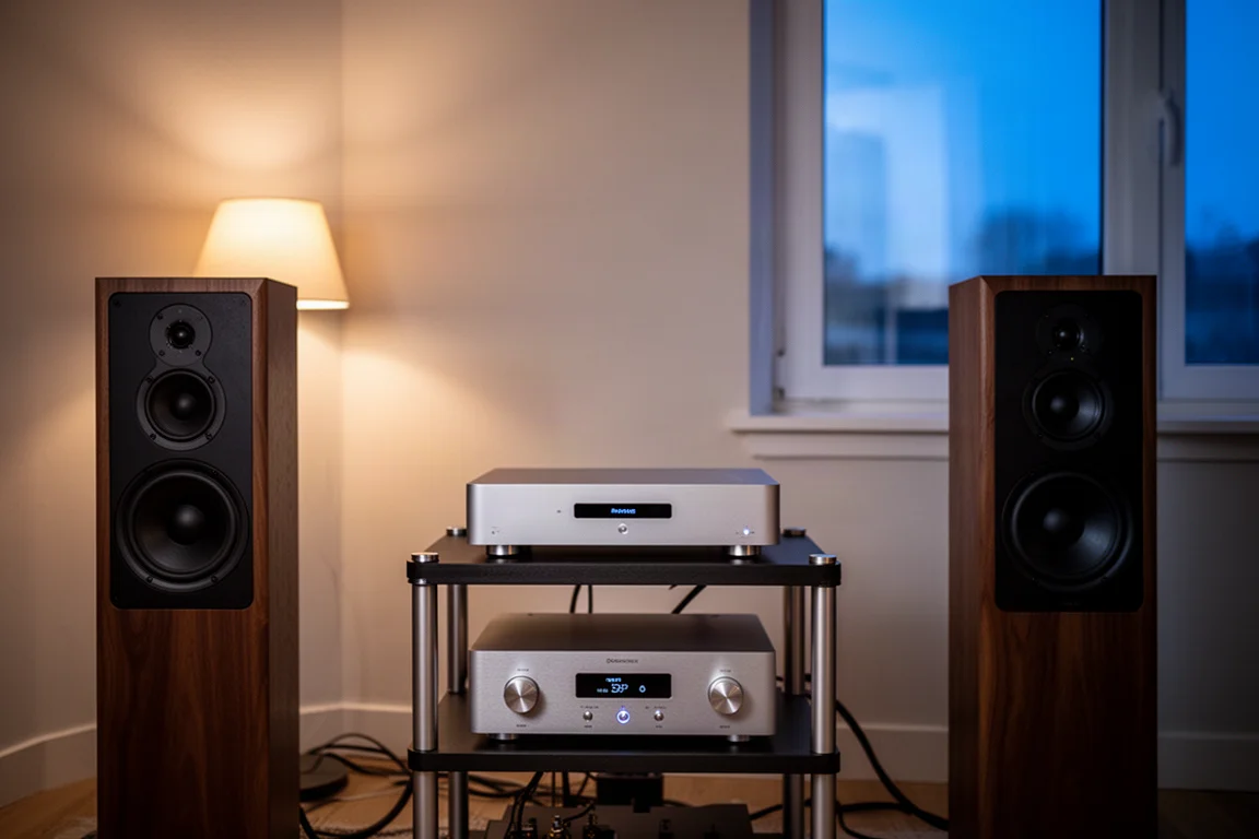 Nowoczesny pokój odsłuchowy o zmierzchu z szafką hi-fi i kolumnami podłogowymi