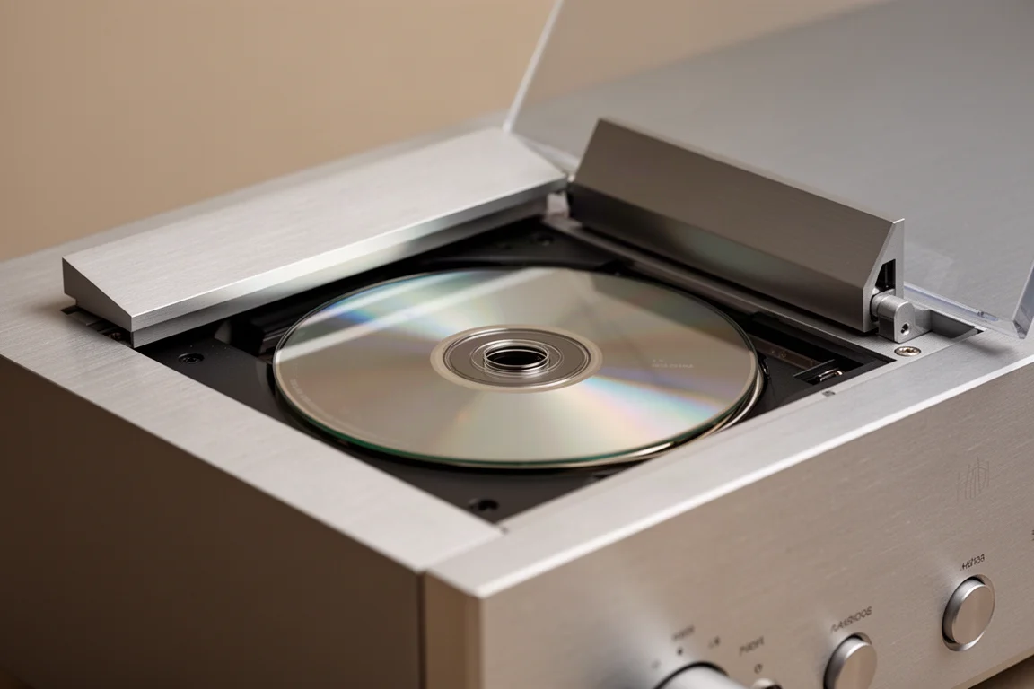 Otwarty mechanizm CD z górnym ładowaniem i srebrną płytą na wrzecionie