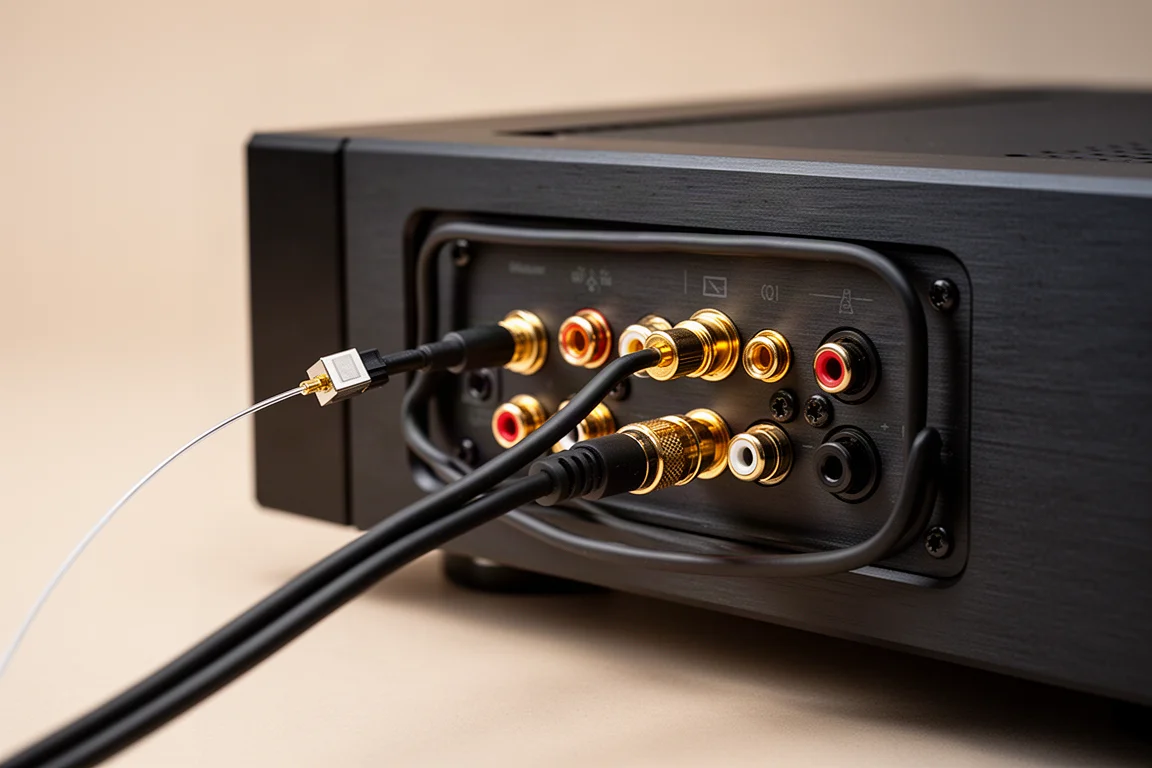 Zbliżenie na tylny panel hi-fi z podłączonymi kablami światłowodowymi i koncentrycznymi