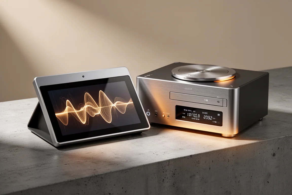 Two slim aluminium streaming DAC components side by side on a concrete surface