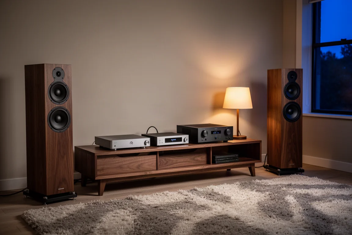 Scaffale hi-fi in soggiorno con giradischi, streamer compatto e diffusori da pavimento in luce serale calda