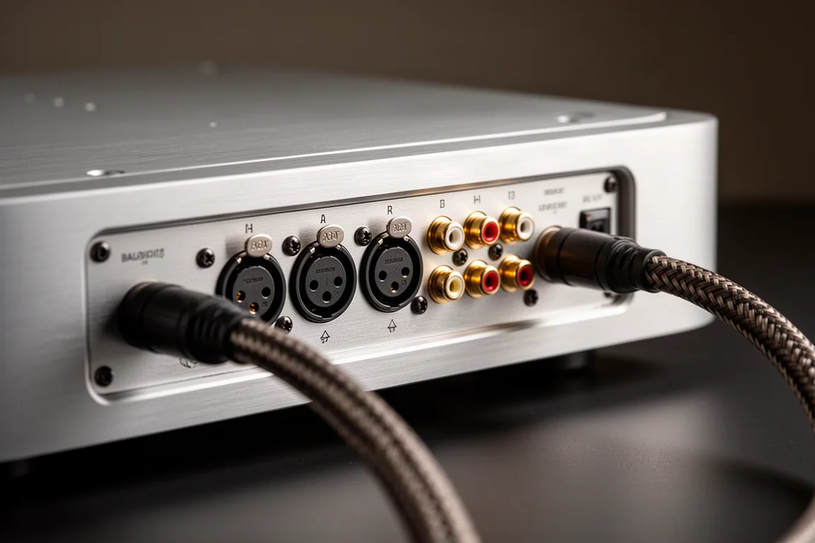 Sala di ascolto al crepuscolo con televisore, diffusori e un rack hi-fi basso collegati da cavi ordinati