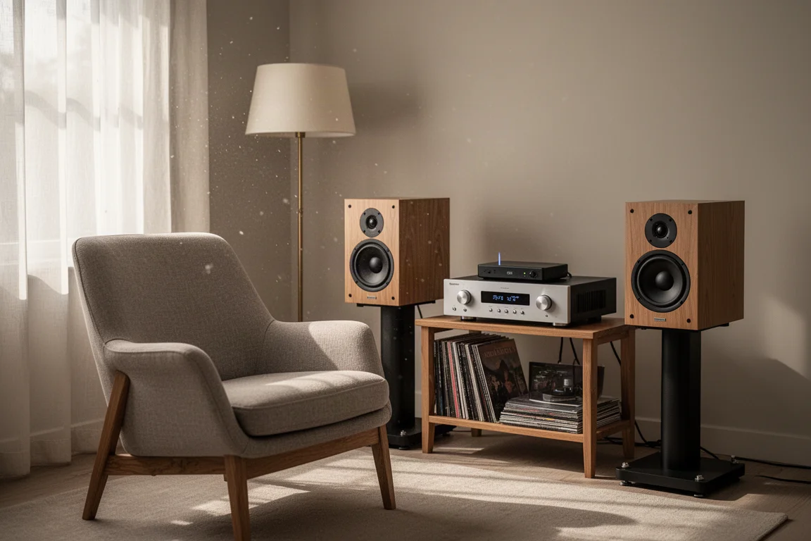 Sala di ascolto in penombra con diffusori da pavimento e uno scaffale hi-fi basso illuminato da una singola lampada calda
