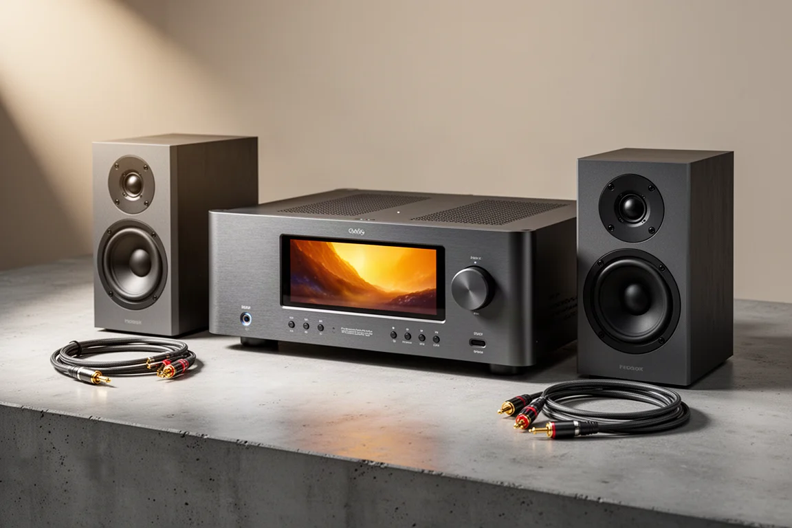 Wide hi-fi streaming deck and preamplifier with a glowing touchscreen on a concrete shelf beside headphones