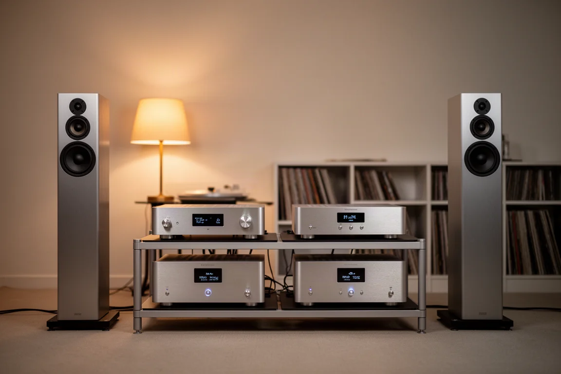 Hi-fi separates on a low rack between floorstanding speakers in a dim listening room