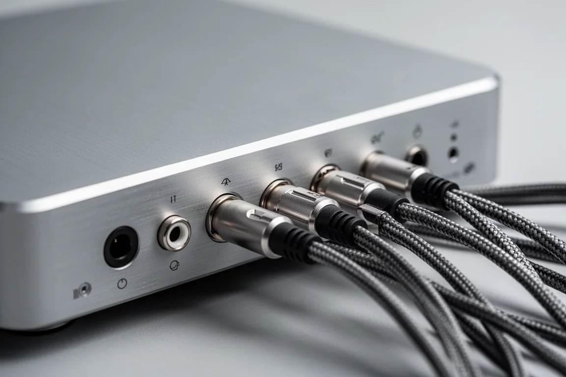 Close-up of the rear panel of a slim aluminium hi-fi streamer with connectors and cables