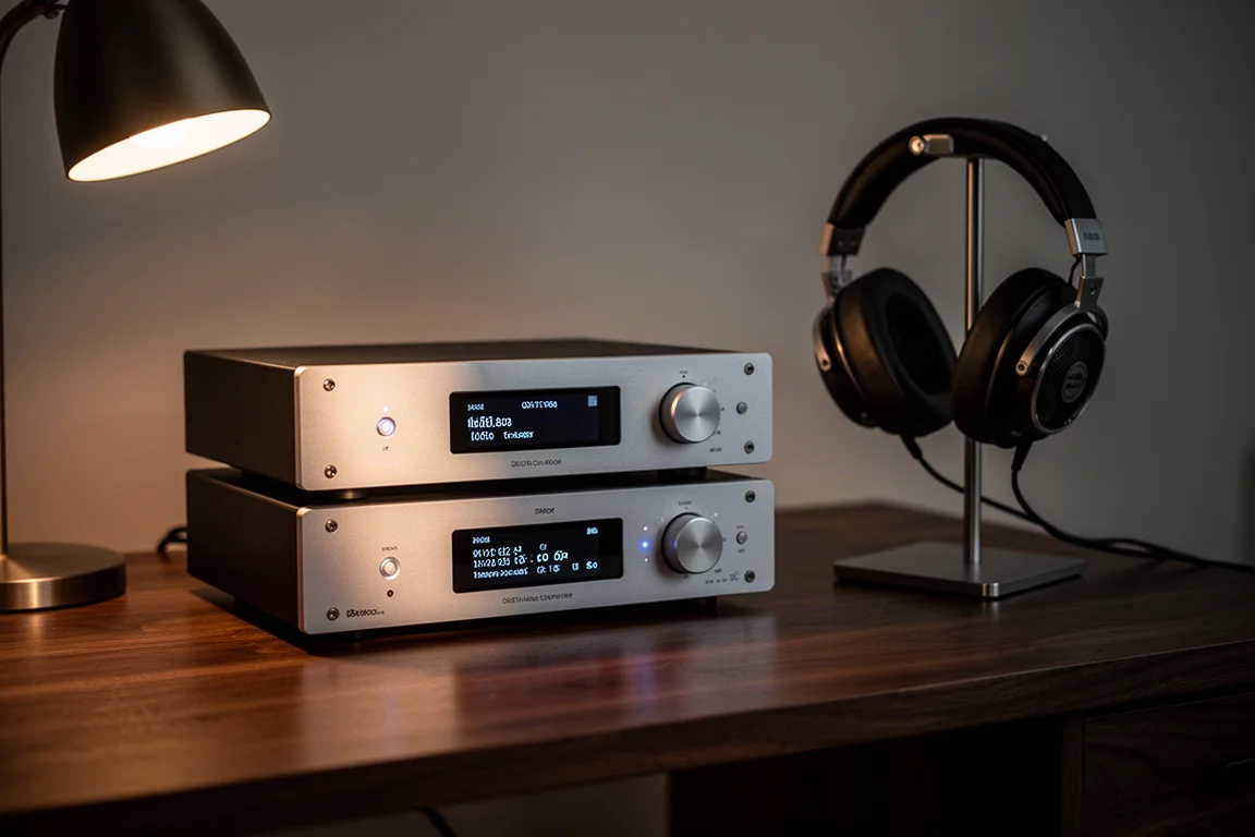 Desktop DAC stack on a wooden desk at night with headphones on a stand