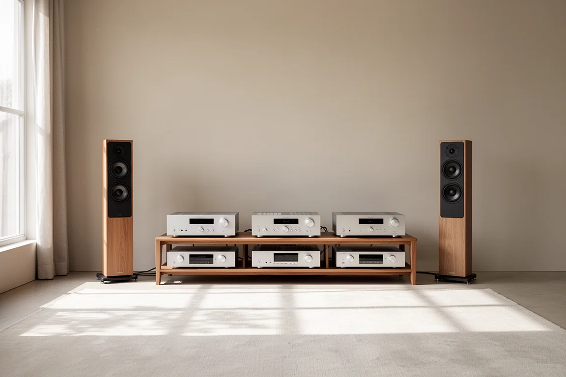Living room hi-fi system with speakers either side of a low equipment rack in daylight
