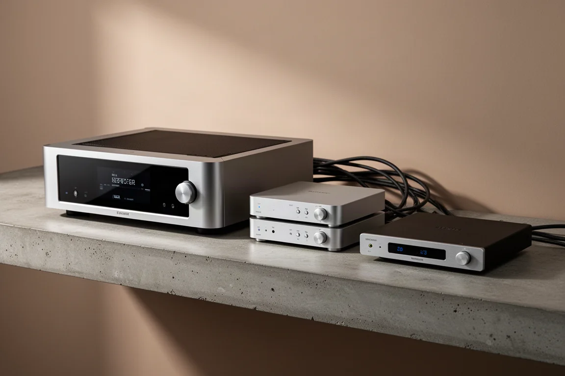Group of silver and black hi-fi digital components arranged on a matte concrete shelf
