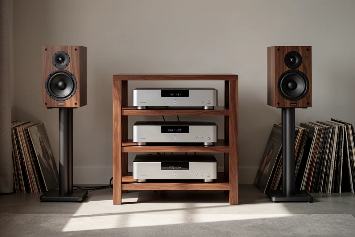 Drewniany stojak hi-fi z ułożonymi komponentami audio i kolumnami podstawkowymi w salonie