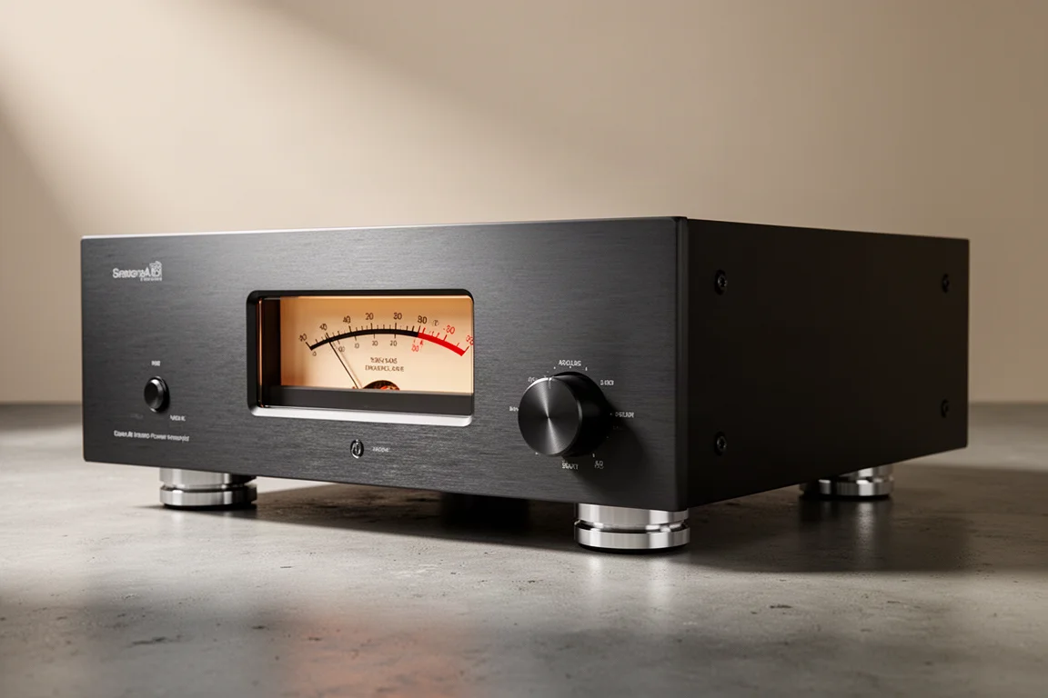 Dark brushed aluminium class AB stereo power amplifier with a VU meter on a concrete surface