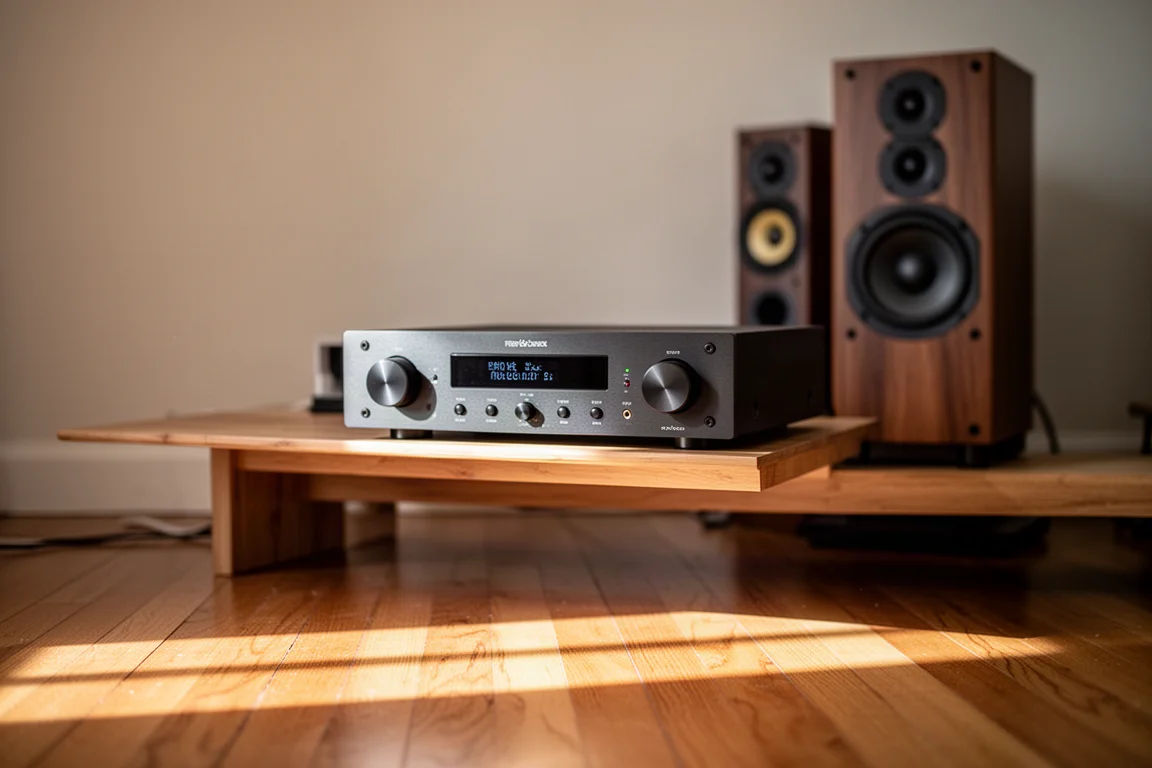 Compact amplifier and bookshelf speakers in a small, softly lit listening room