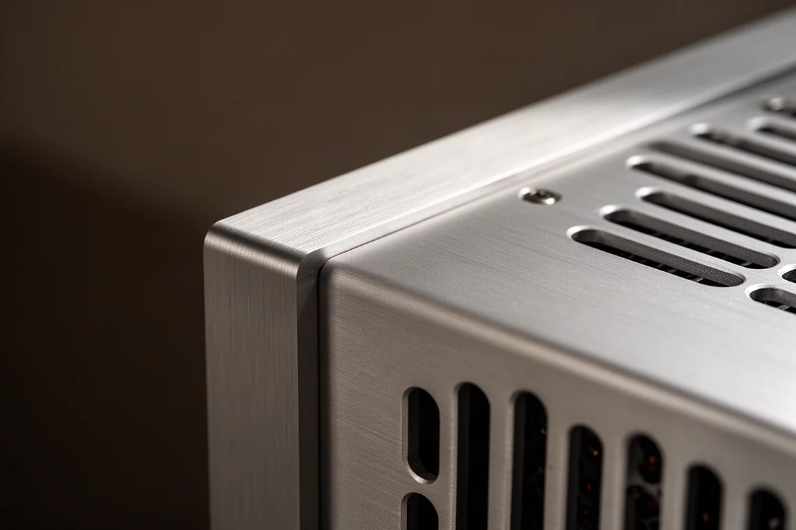 Close-up of a brushed aluminium amplifier chassis edge with cooling vents