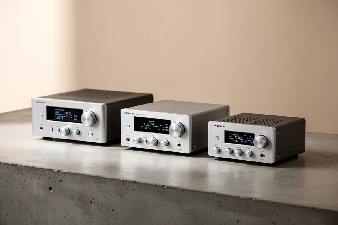 Three compact stereo amplifiers of different sizes lined up on a concrete surface