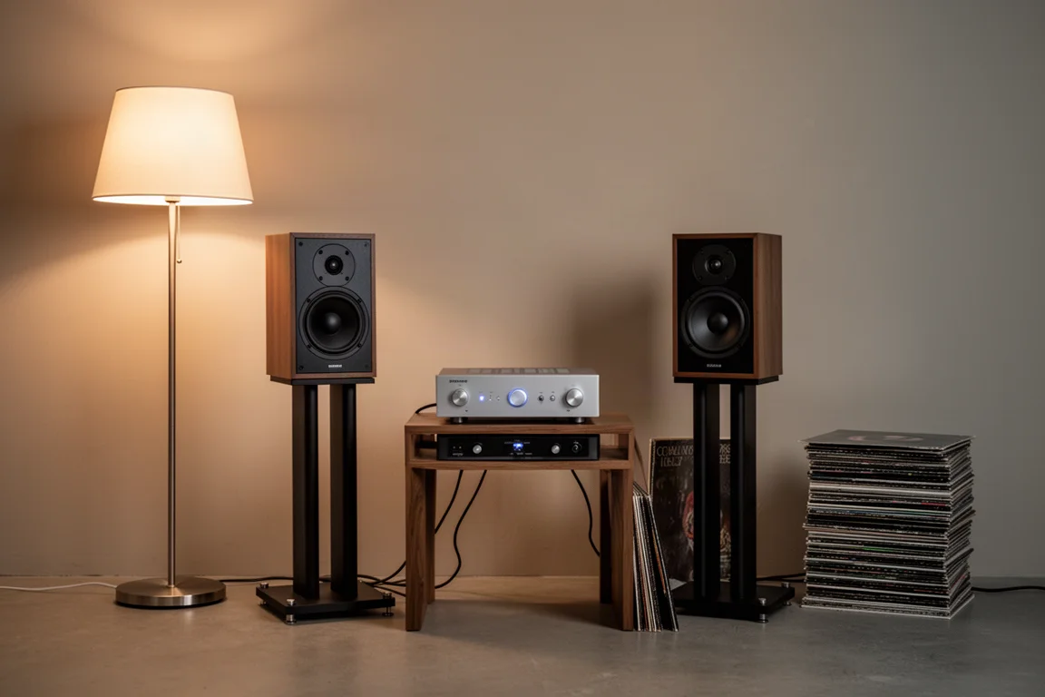 Small evening listening setup with amplifier, stand-mount speakers and vinyl records