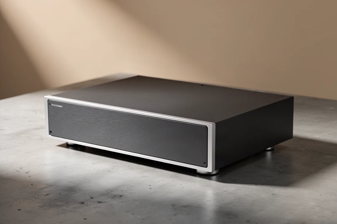Slim dark grey aluminium stereo power amplifier on a matte concrete surface