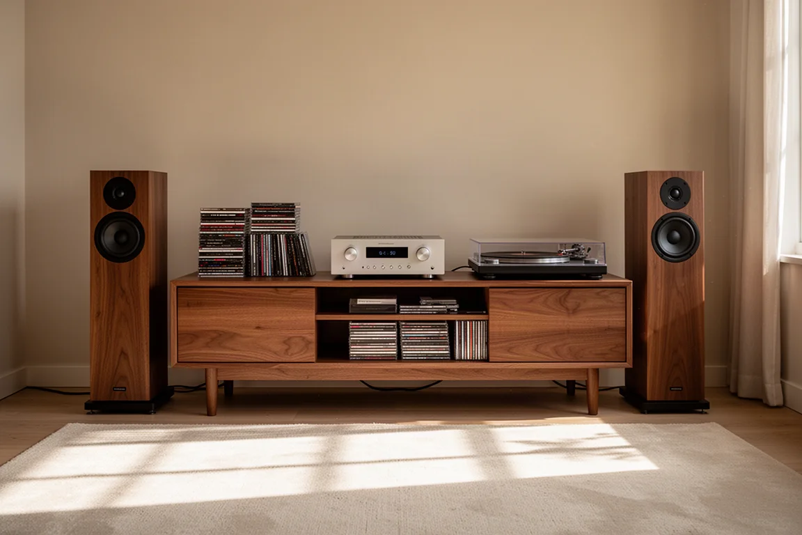 Kompakte Hi-Fi-Anlage auf einer Holzsideboard in einem warmen Wohnzimmer mit Lautsprechern und CDs