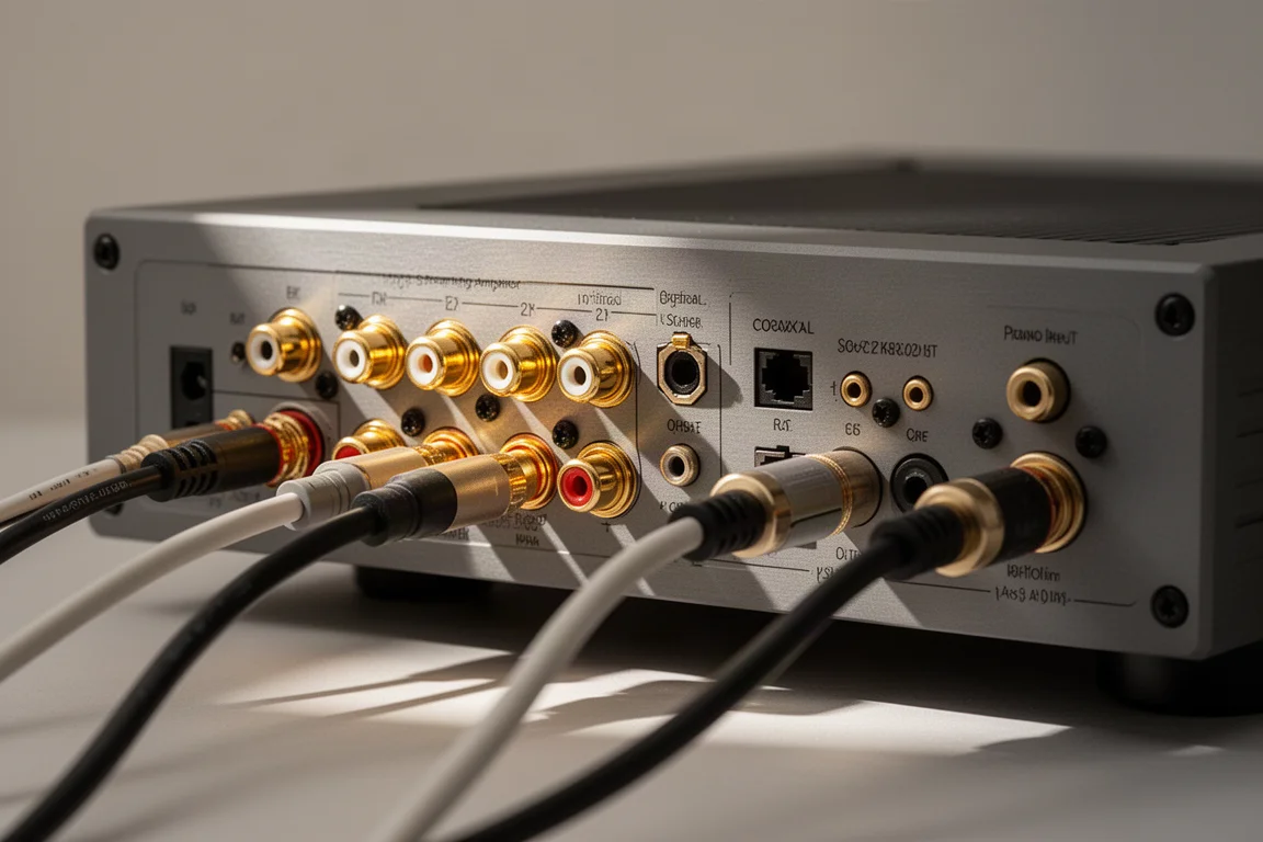 Nahaufnahme der Rückwandanschlüsse und Lautsprecherklemmen an einem Hi-Fi-Streaming-Verstärker