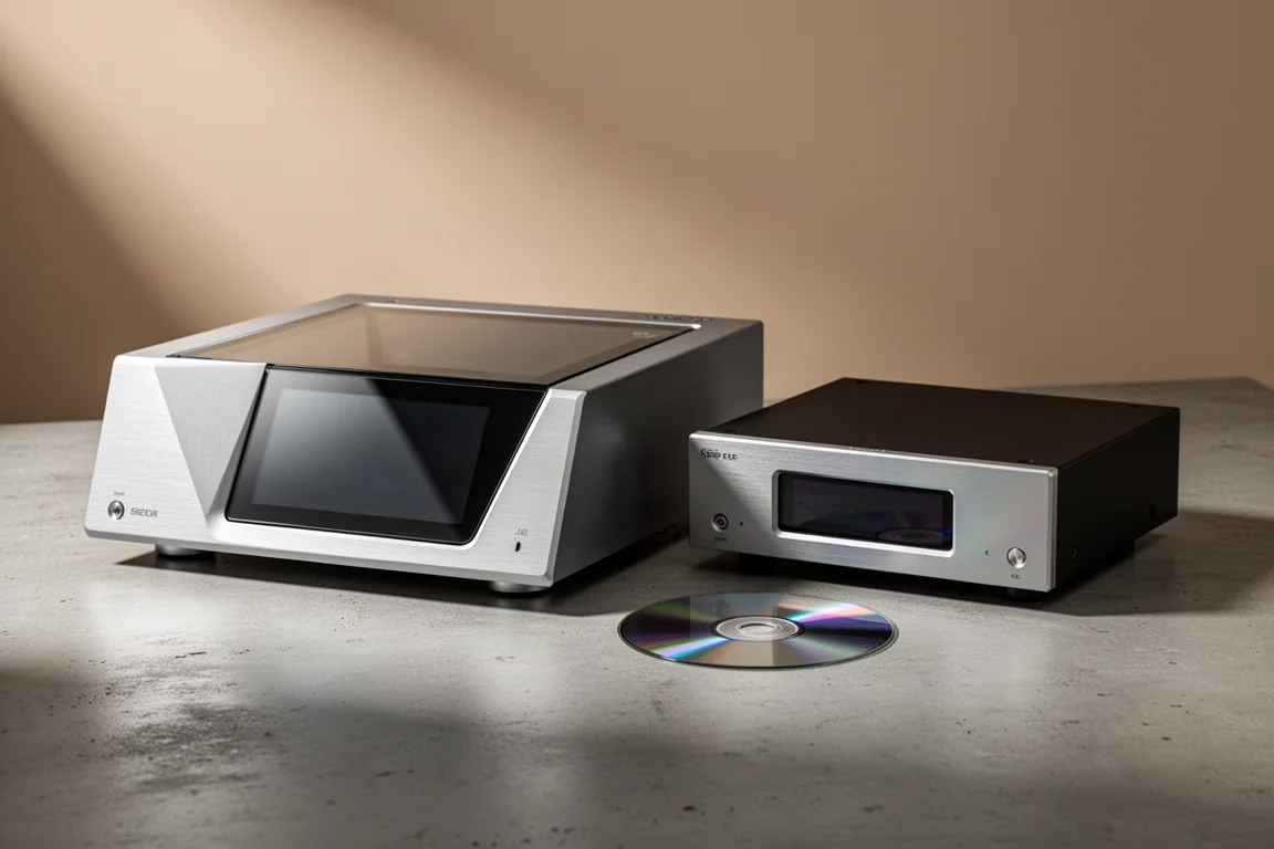 Two compact streaming amplifiers side by side on concrete with a compact disc