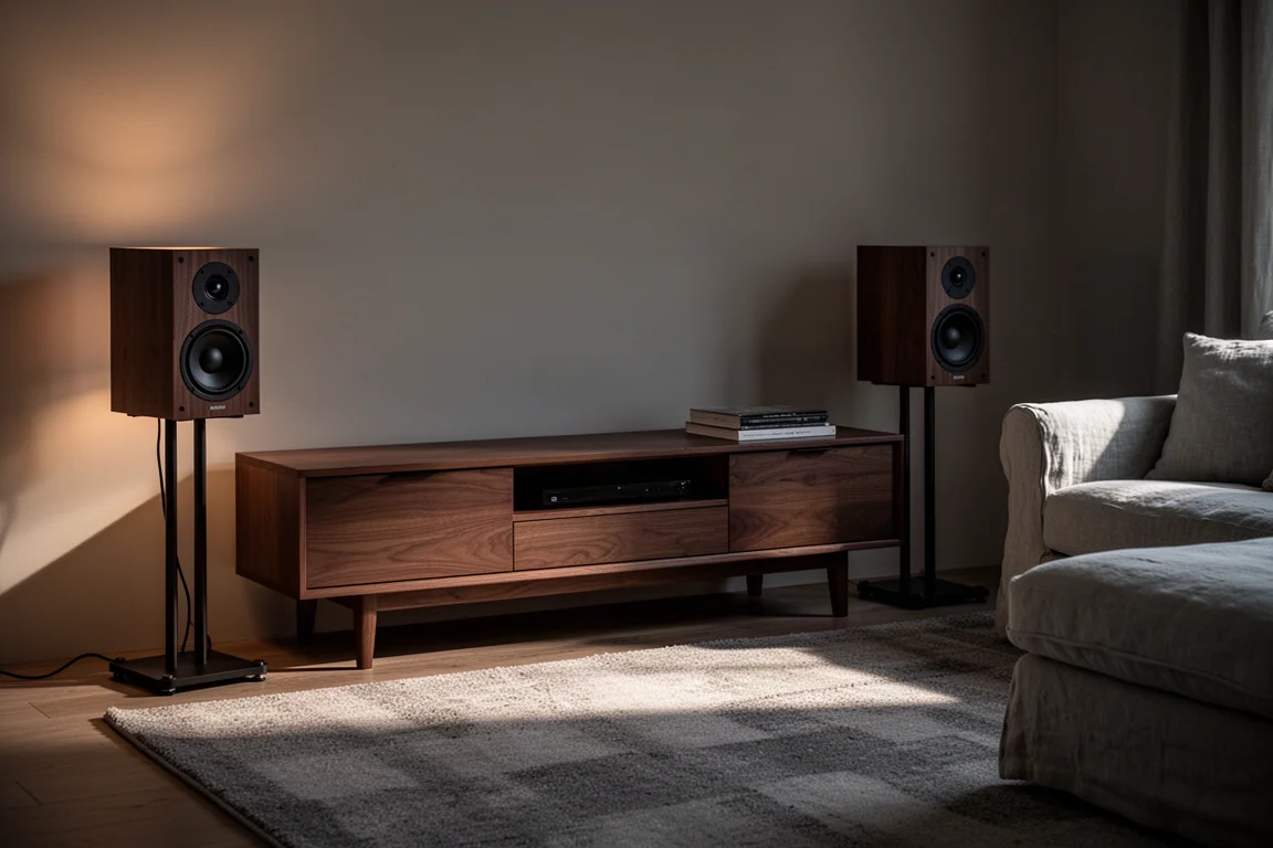 Hi-fi-anläggning i vardagsrum med bokhyllehögtalare på stativ och varm kvällsbelysning