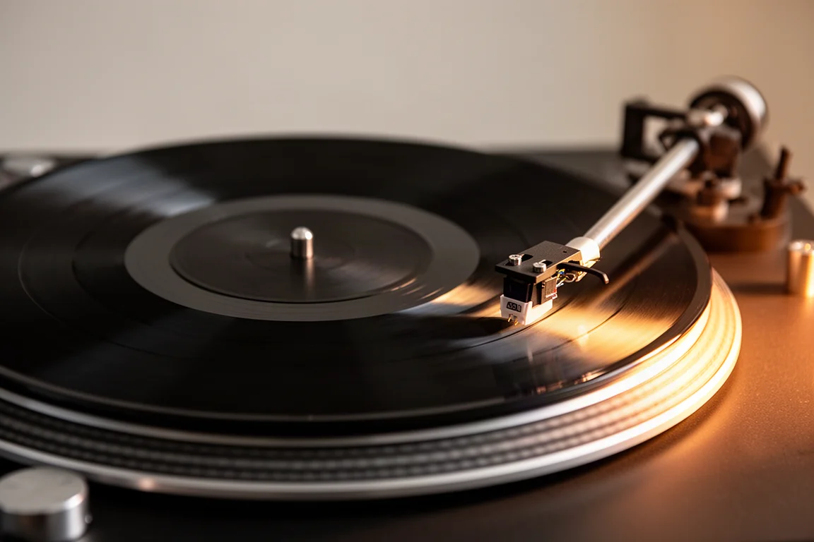 Vinylskiva som snurrar på en skivspelare med tonarm i varmt ljus