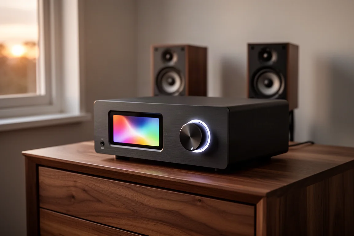 Compact dark aluminium streaming amplifier with glowing touchscreen on a walnut sideboard