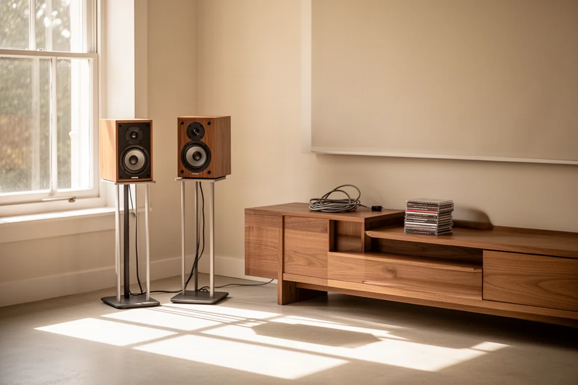 Amplificador de streaming compacto sobre un aparador de madera entre altavoces de estantería en un salón