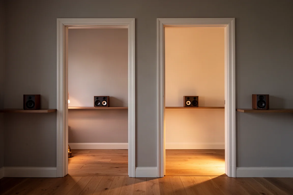 Altavoces de estantería sobre soportes en una sala de escucha con luz tenue al atardecer
