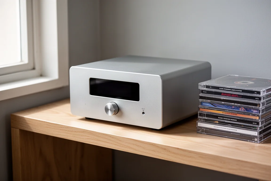 Compact silver streaming amplifier on an oak shelf next to a stack of CDs
