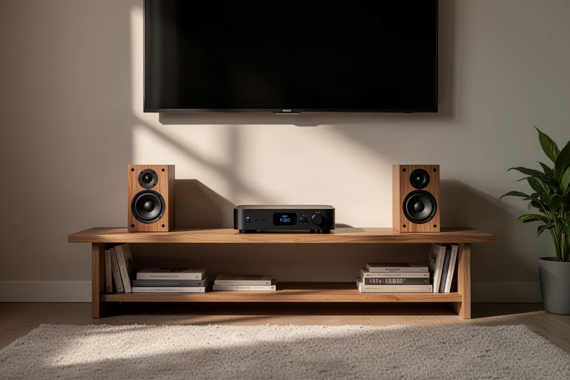 Bookshelf speakers on stands in a bright minimalist living room with a slim amplifier on a console