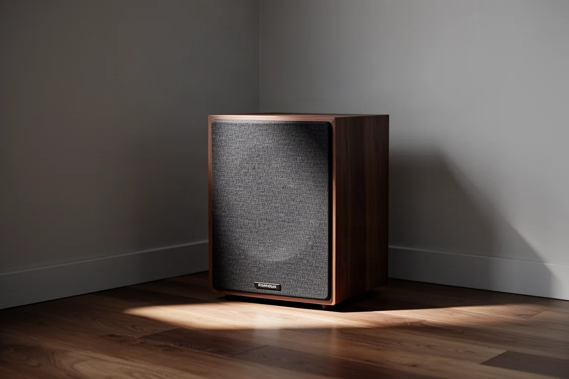 Compact subwoofer in the corner of a minimalist listening room with soft side light