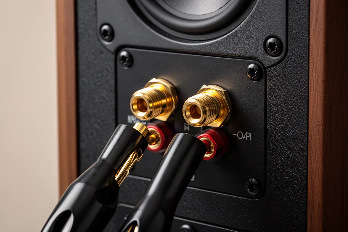 Close-up of gold-plated speaker binding posts with banana plugs partially inserted