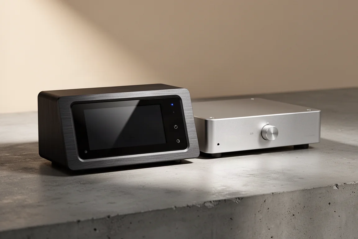 Two compact streaming amplifiers on a concrete surface, one with a touchscreen and one with a plain panel