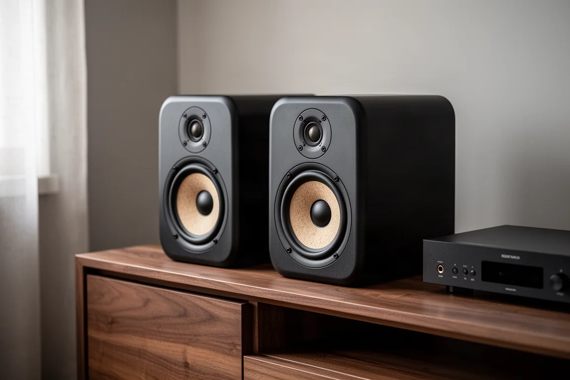 Pair of compact matte black bookshelf speakers on a walnut media console