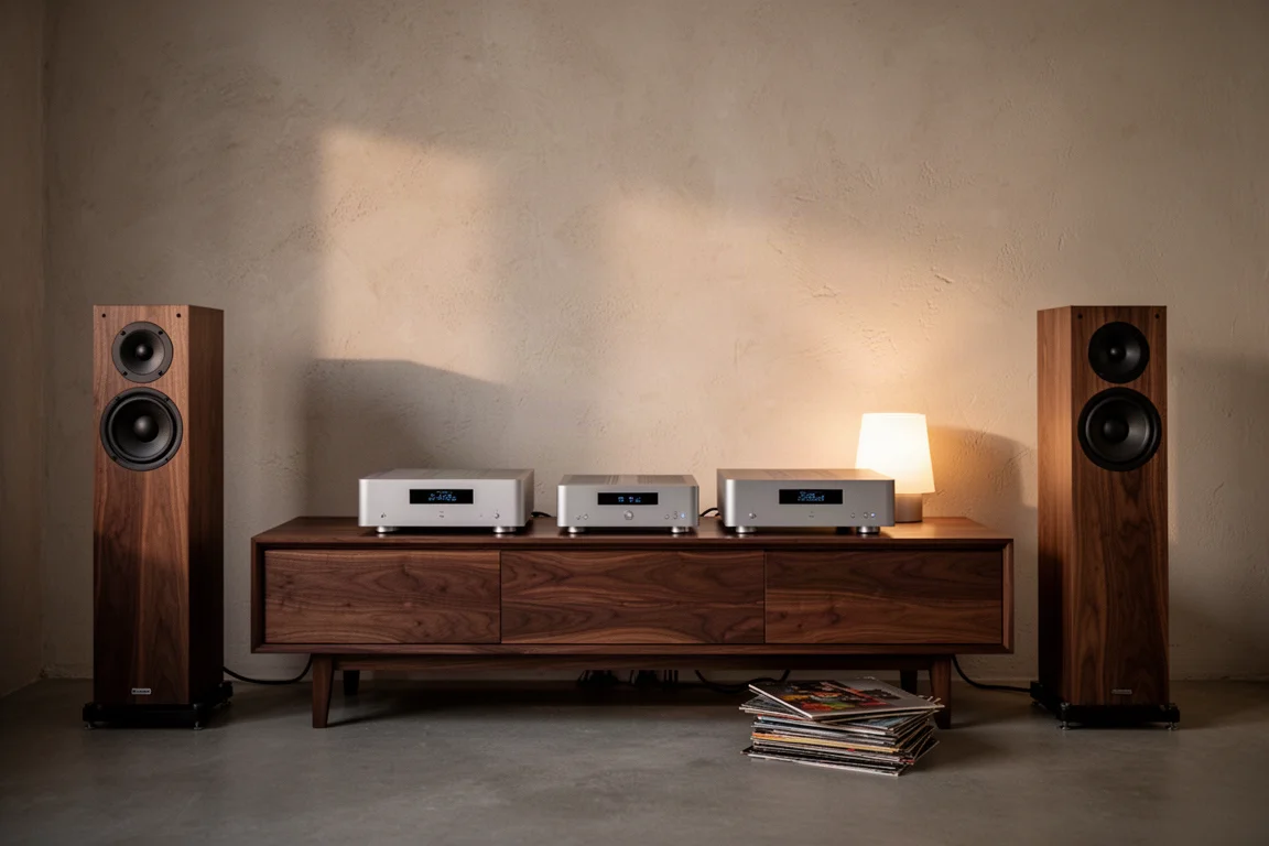 Sala d'ascolto essenziale al crepuscolo con due sottili componenti hi-fi su una console in legno e diffusori