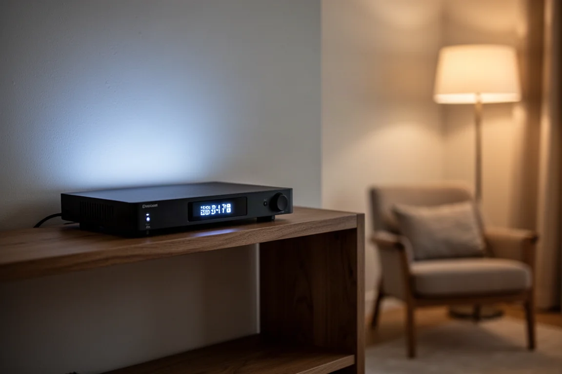 Soggiorno serale con lo schermo di un componente hi-fi che brilla soffusamente su una mensola in legno