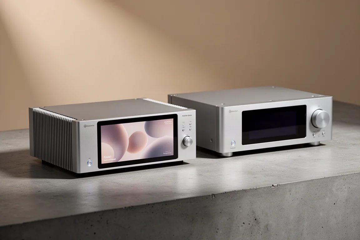Slim silver streaming transport and wider converter side by side on a concrete surface