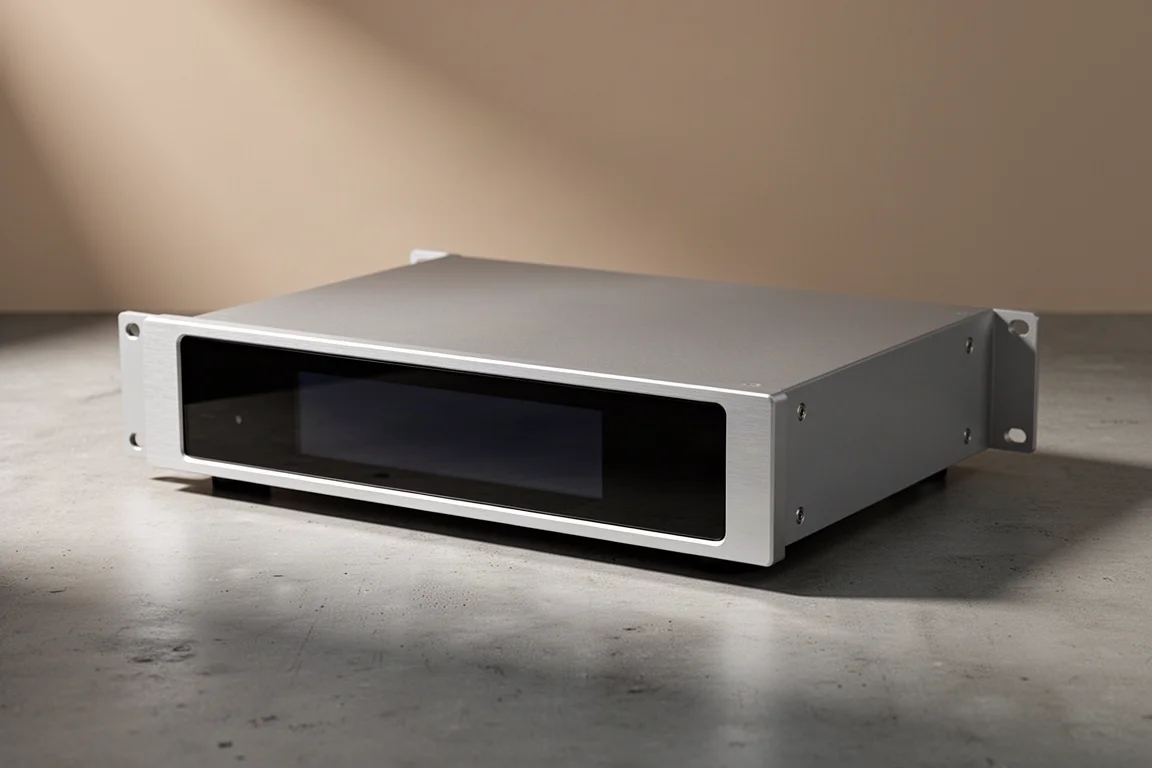 Compact black aluminium streaming transport with a full-width glass front panel on concrete