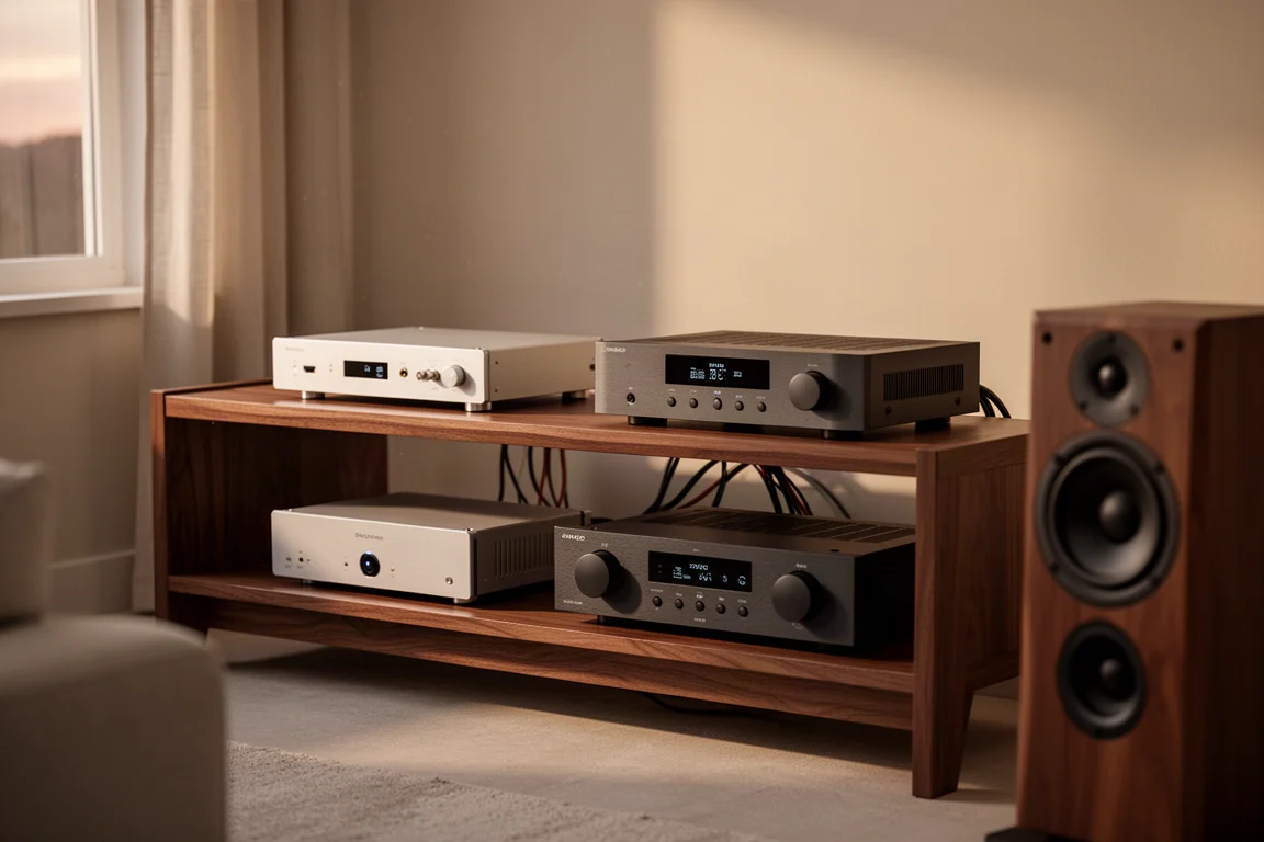 Compact network transport on a low shelf beside a separate DAC and amplifier