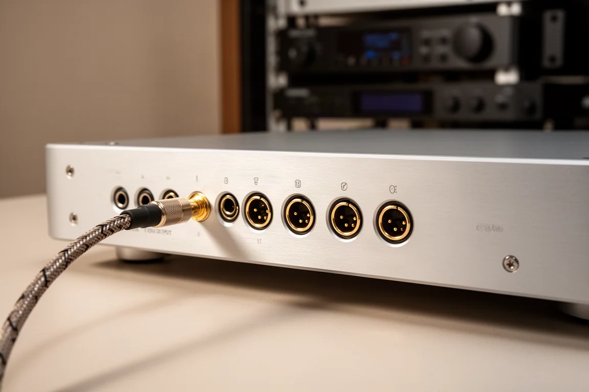 Close-up of a streamer rear panel with digital output connectors and cables