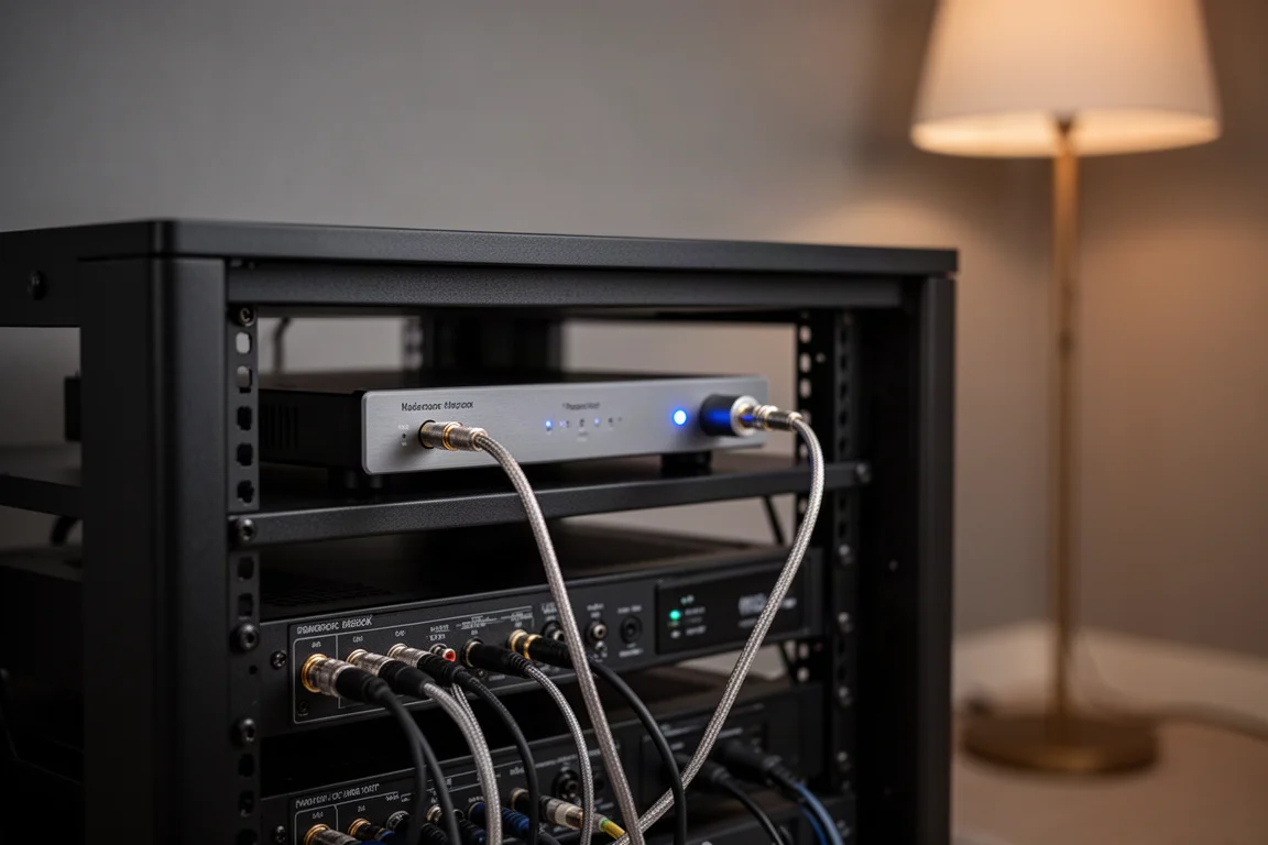 Rear of a hi-fi rack with a slim master clock connected by a short cable