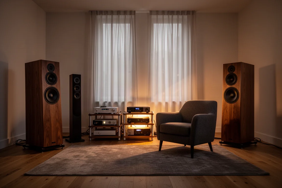 Warmly lit listening room with speakers, equipment rack and an armchair