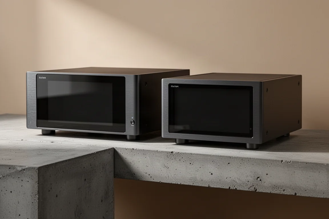 Two slim aluminium network audio transports side by side on a concrete shelf