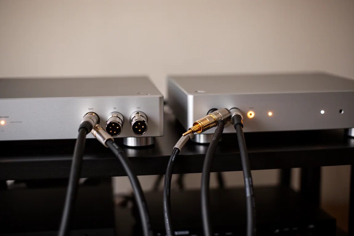 Vista traseira de dois componentes hi-fi conectados com cabos XLR e coaxial