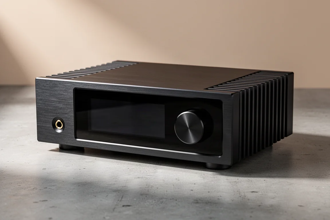 High-end digital to analog converter with ribbed aluminum chassis and glass front panel