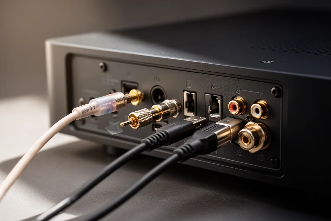 Close-up de cabos óptico, coaxial e USB conectados no painel traseiro de um componente de áudio