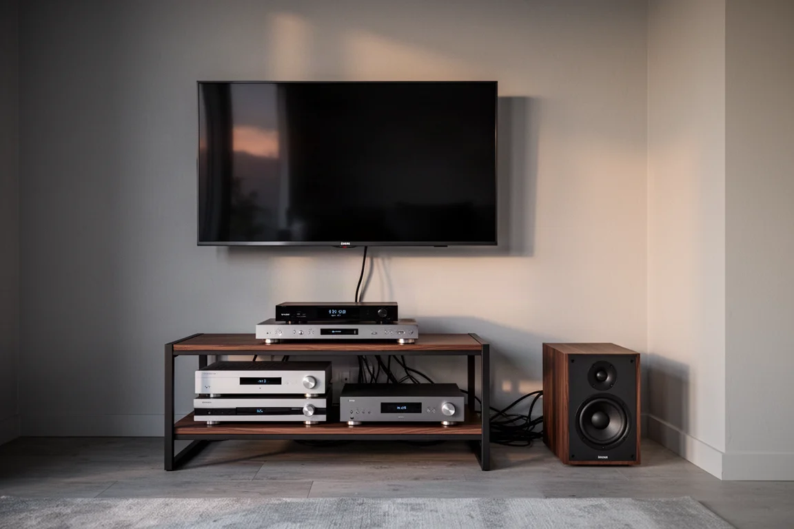 Rack na sala de estar com televisão, componentes de áudio empilhados e um subwoofer de canto