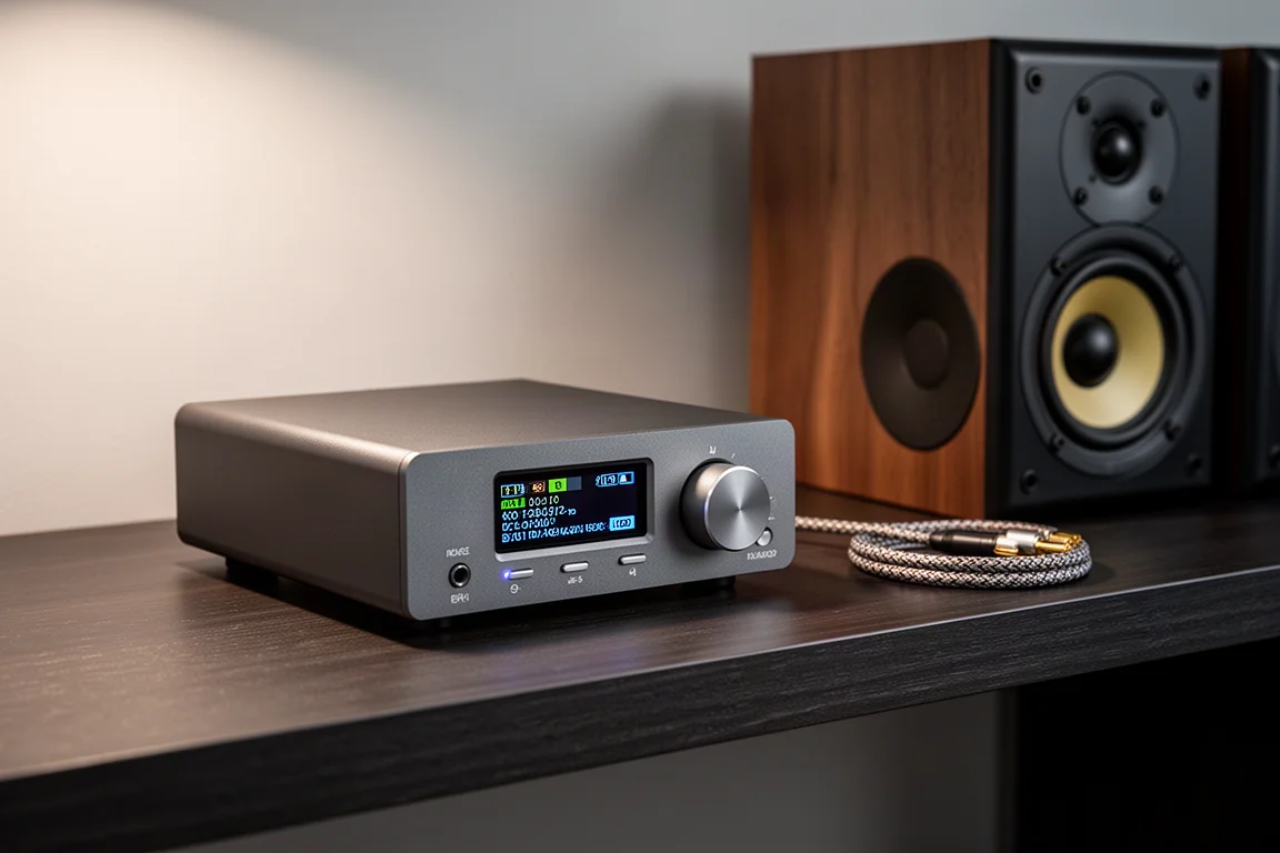 Aluminium desktop DAC with small colour display and volume knob beside bookshelf speakers