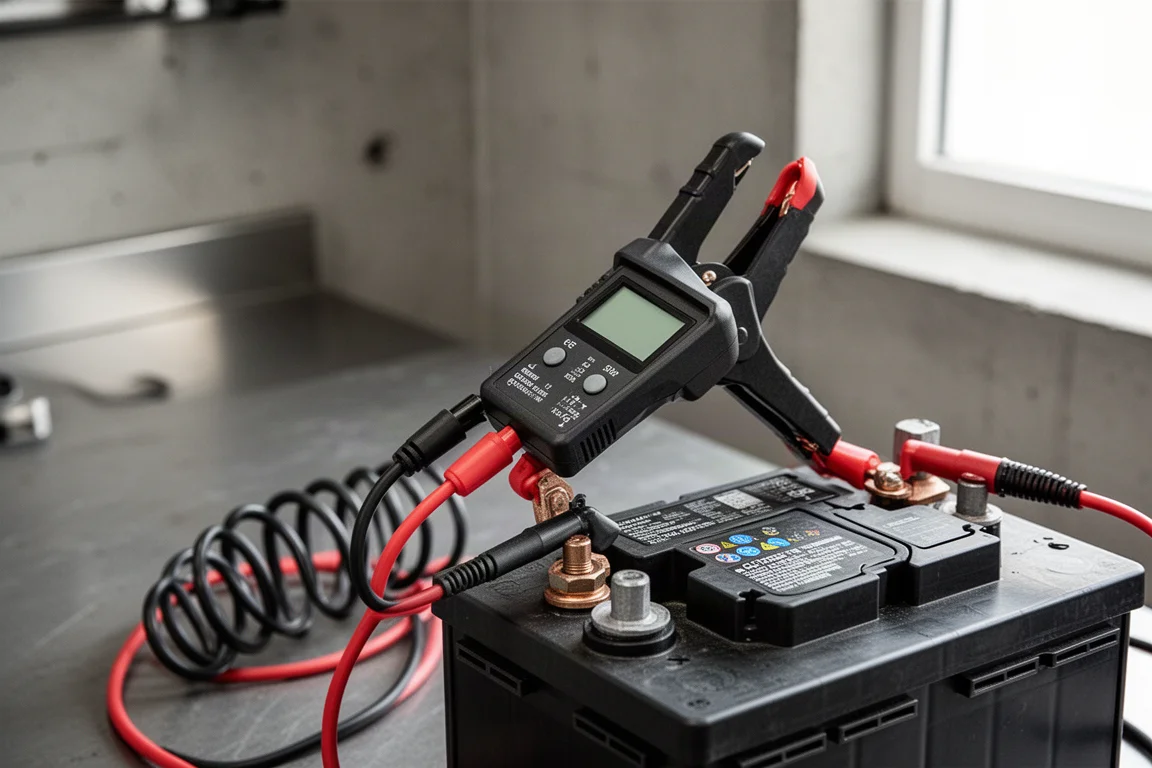Digitaler Batterietester, verbunden mit einer Autobatterie, zeigt Spannungswerte an