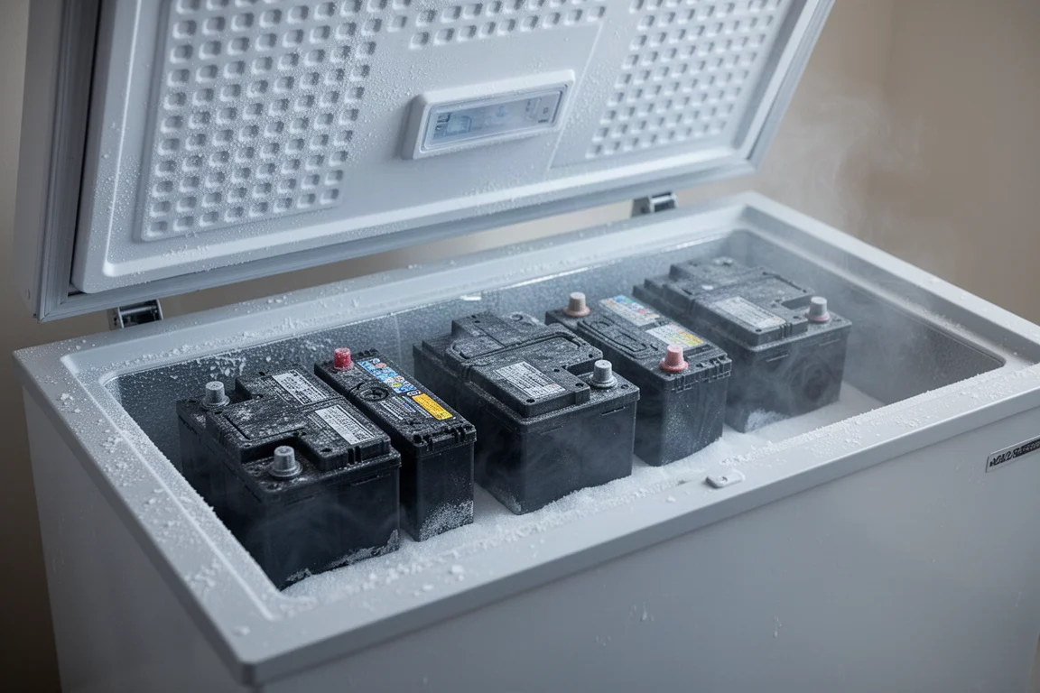 Autobatterien kühlen in einer Gefriertruhe für den Kaltstartstromtest